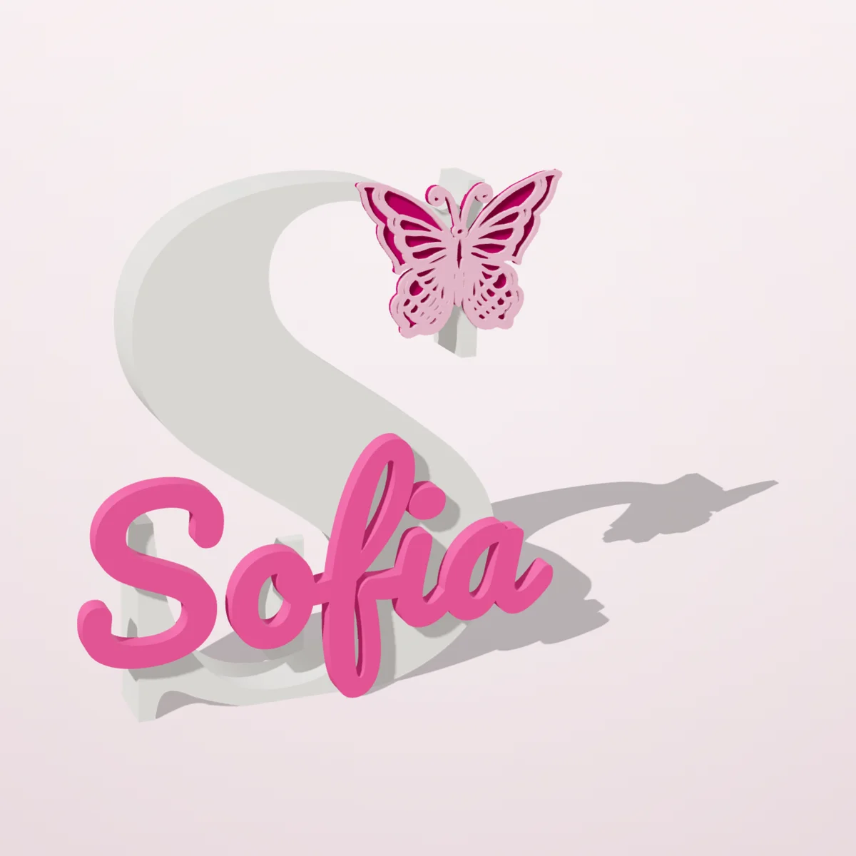 Letra S branca em 3D com o nome Sofia em rosa e uma borboleta rendada