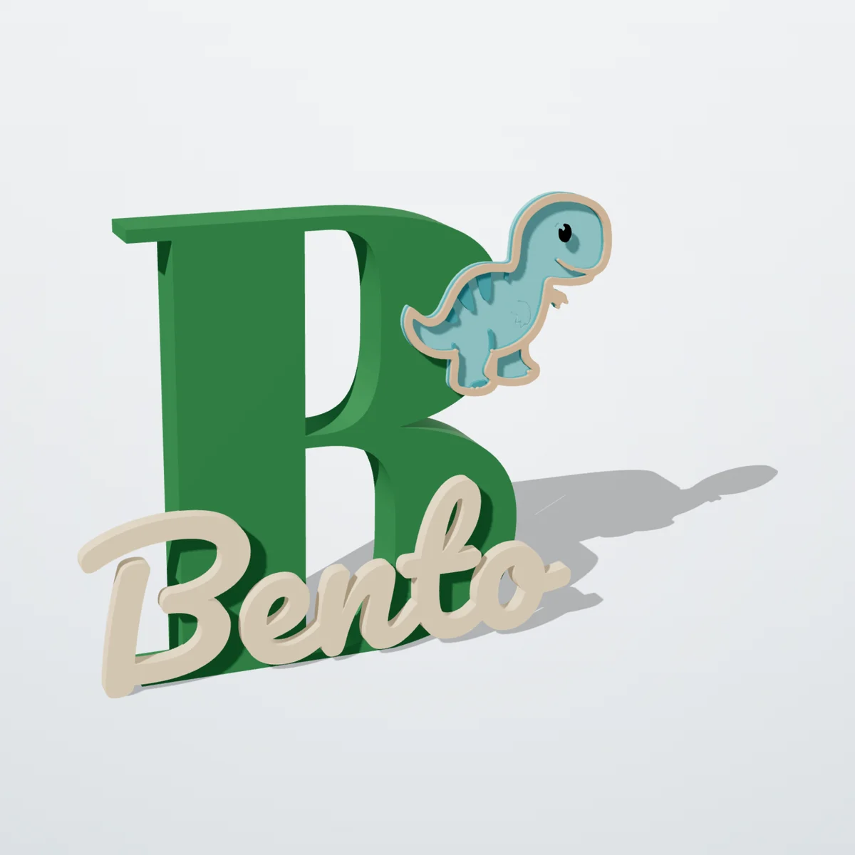 Letra B verde em 3D com o nome Bento e um dinossauro colorido