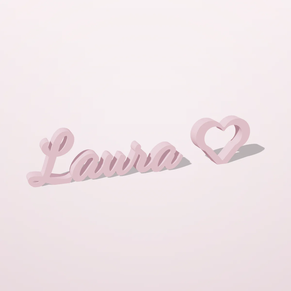 Nome 3D Laura em pé, rosa, com um coração vazado ao lado