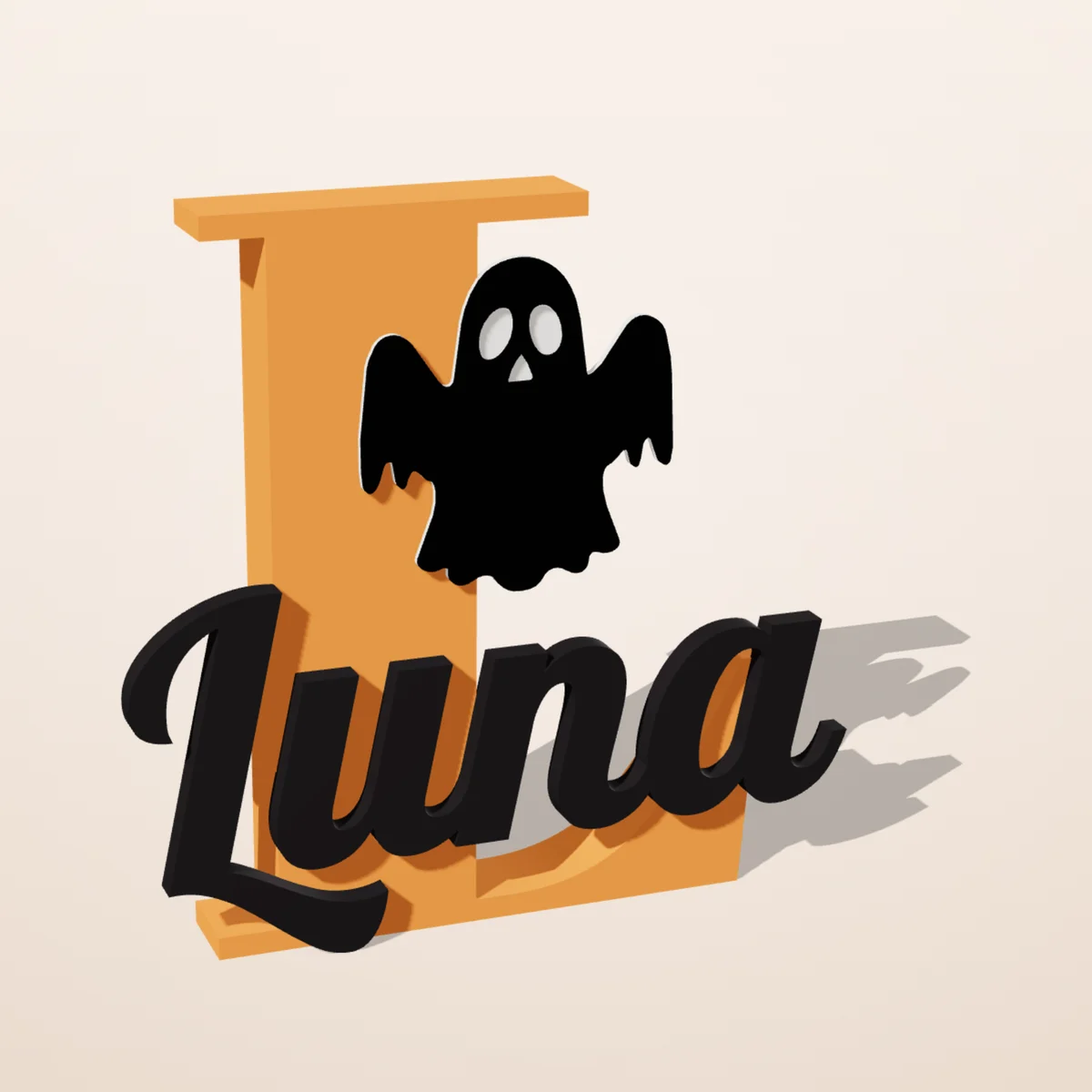 Letra L laranja em 3D com o nome Luna e um fantasma preto